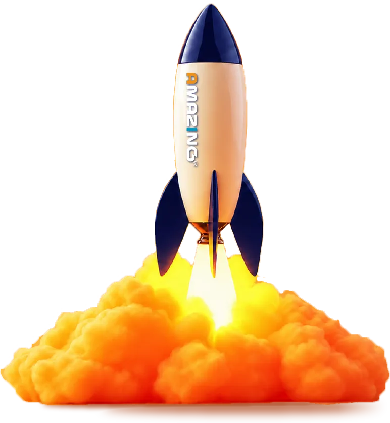 Raket met het Amazing-logo die opstijgt