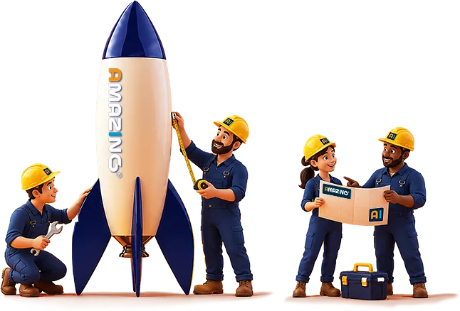 Een team van vier monteurs werkt aan de Amazing-raket